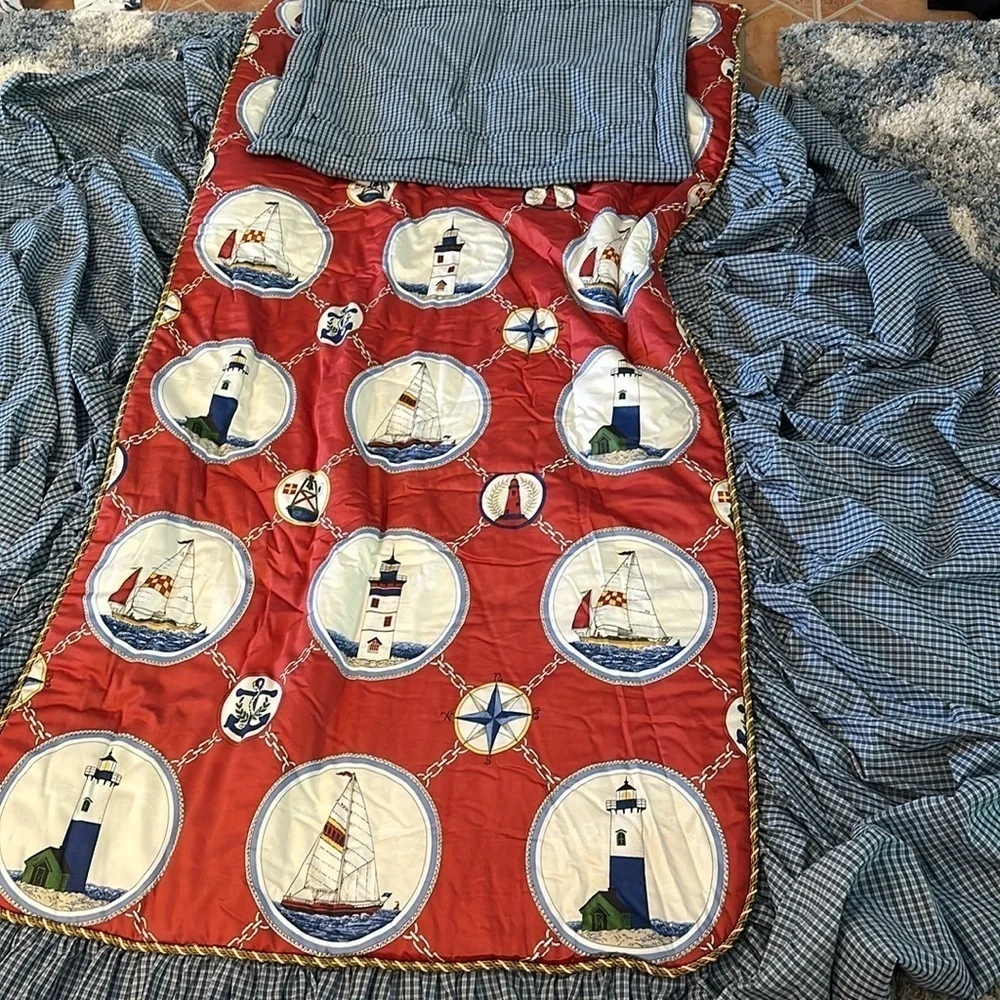 Custom Made Twin Sz Lighthouse Print - Attached Bed Skirt & Decorative Cording